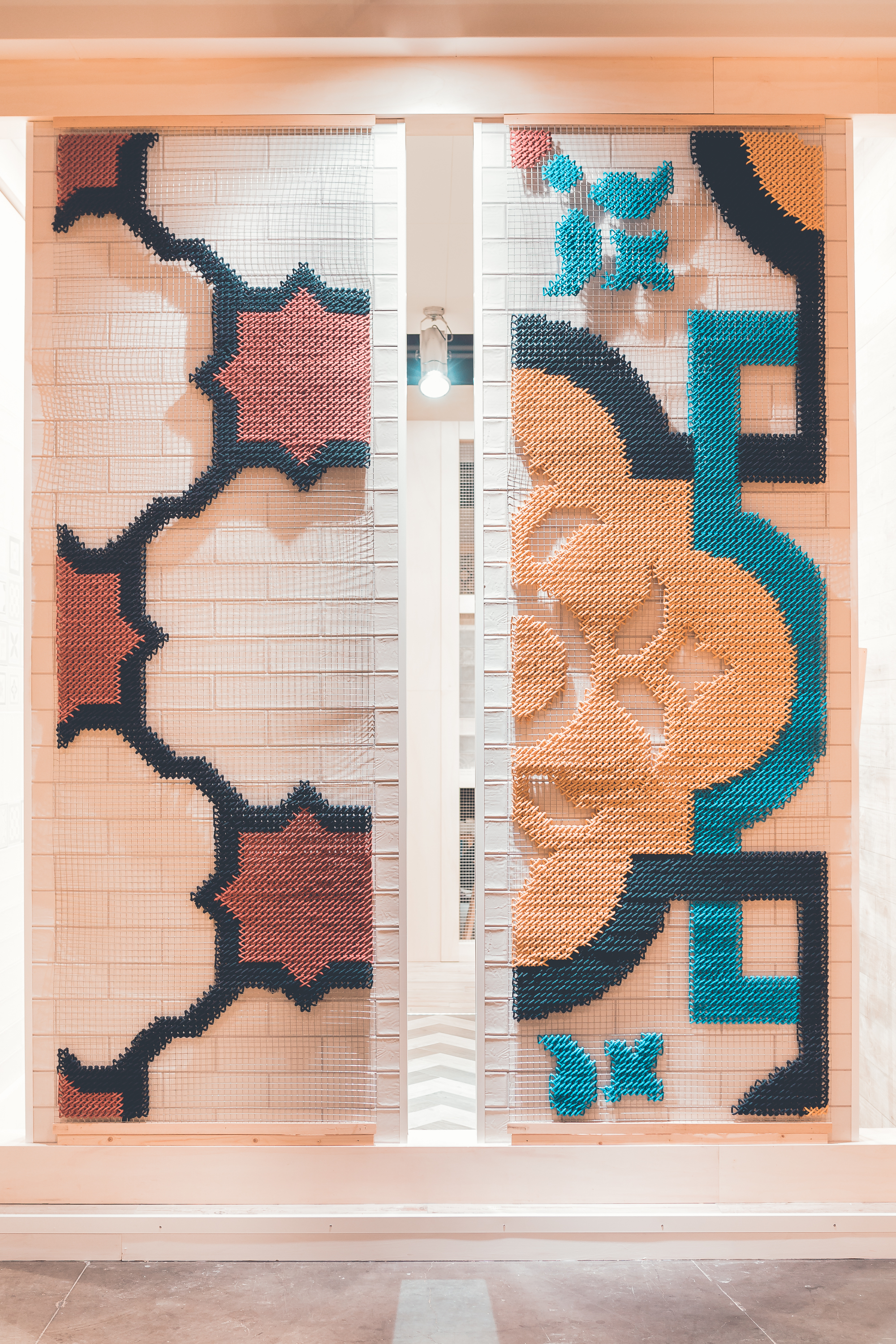 Gayafores — two large embroidered panels with Moorish tile geometric patterns