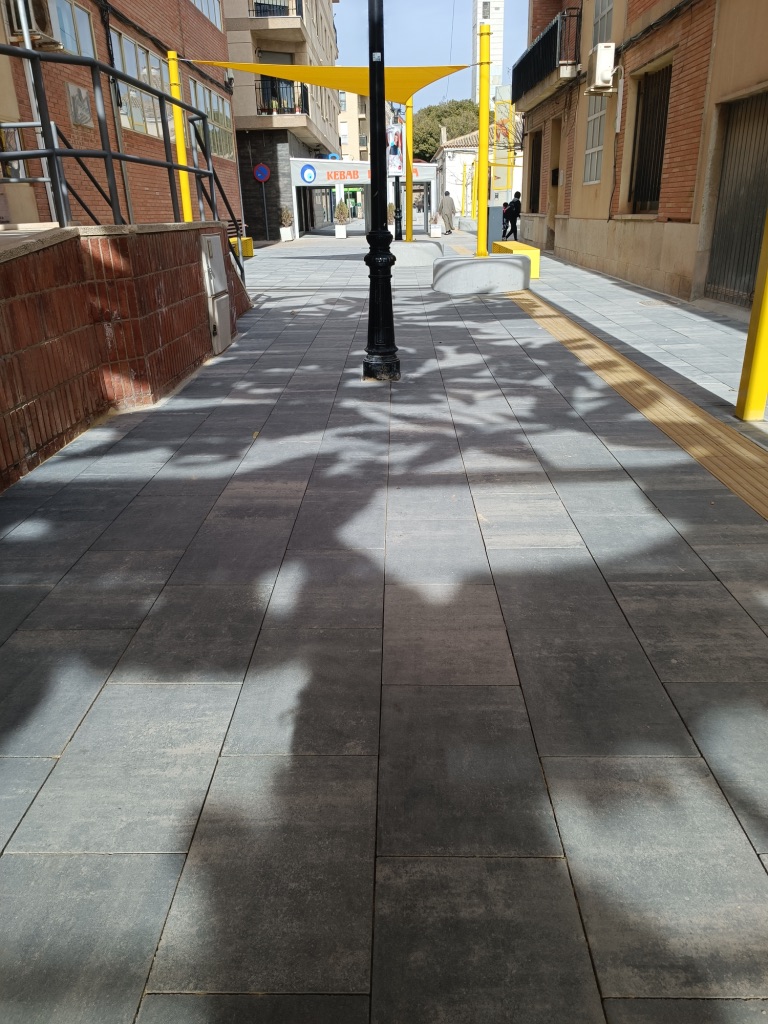 Katarsis — leaf shadows drawn on the pavement below the shade structure